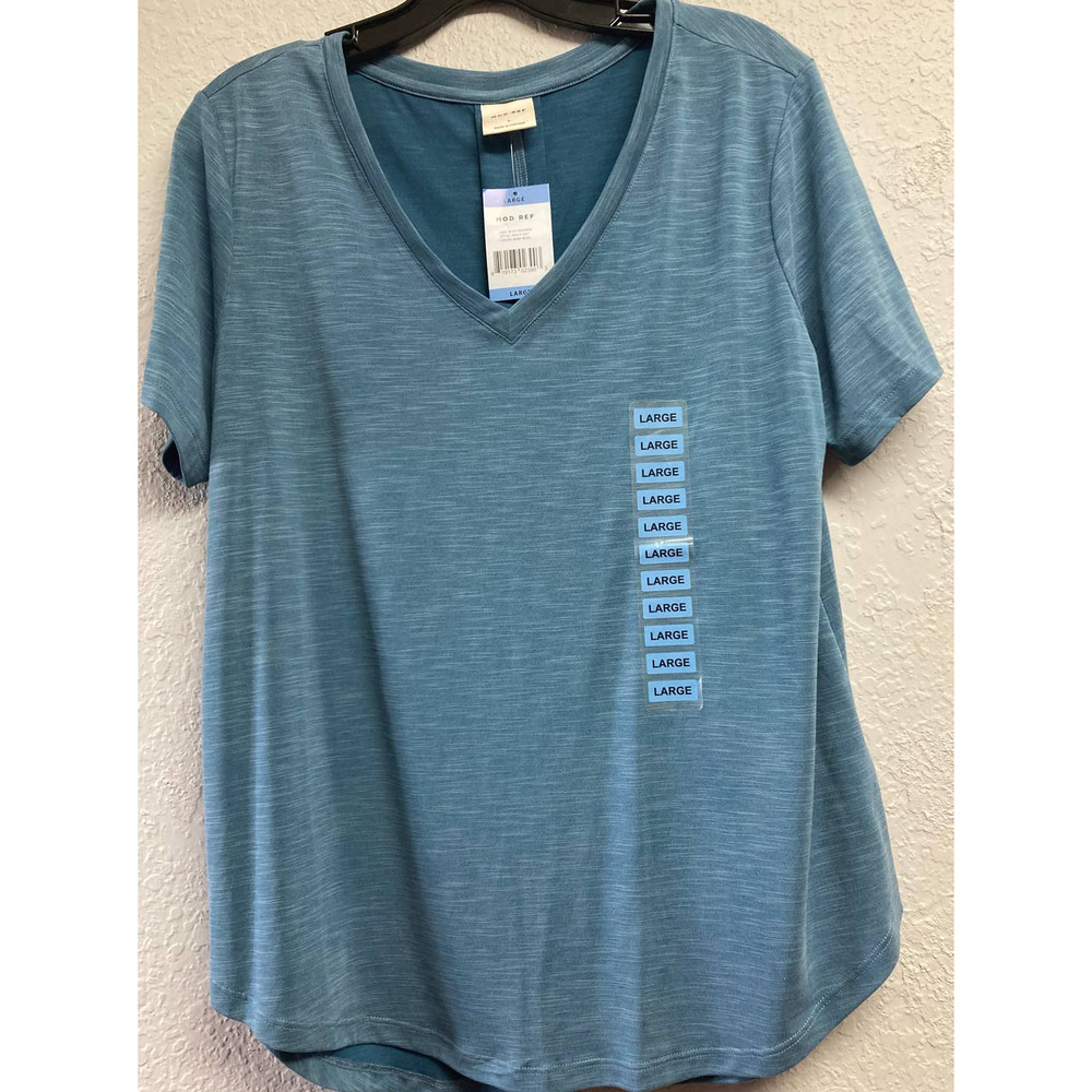Mod Ref Womens Size Large Short Sleeve V-Neck Shirt W/ Back Pleat Baby Blue